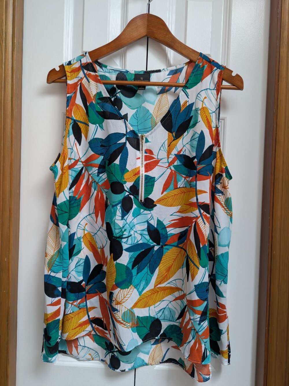 Worthington Tropical Leaf Print Half-Zip Tank Top - Teal, Orange & Yellow - Larg